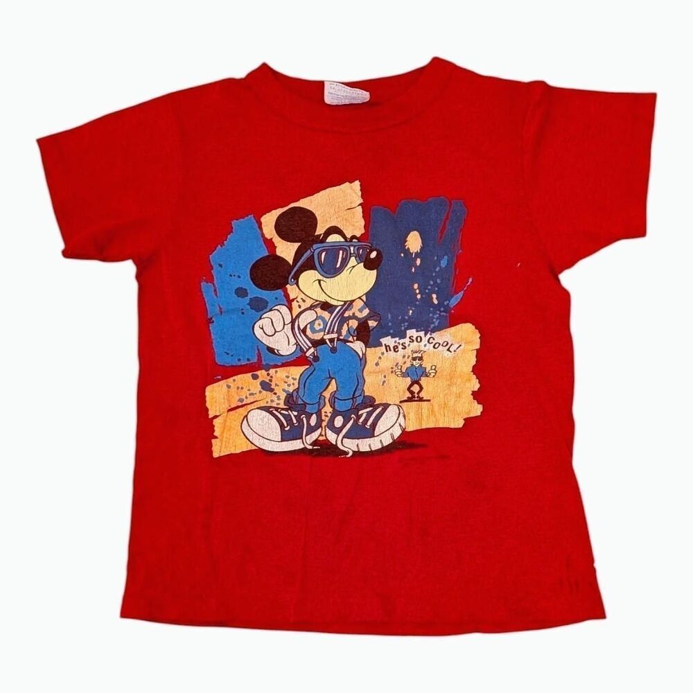 Vintage 80s 90s Mickey Mouse He's So Cool Tee Red Disney Youth 12-14 Thrashed